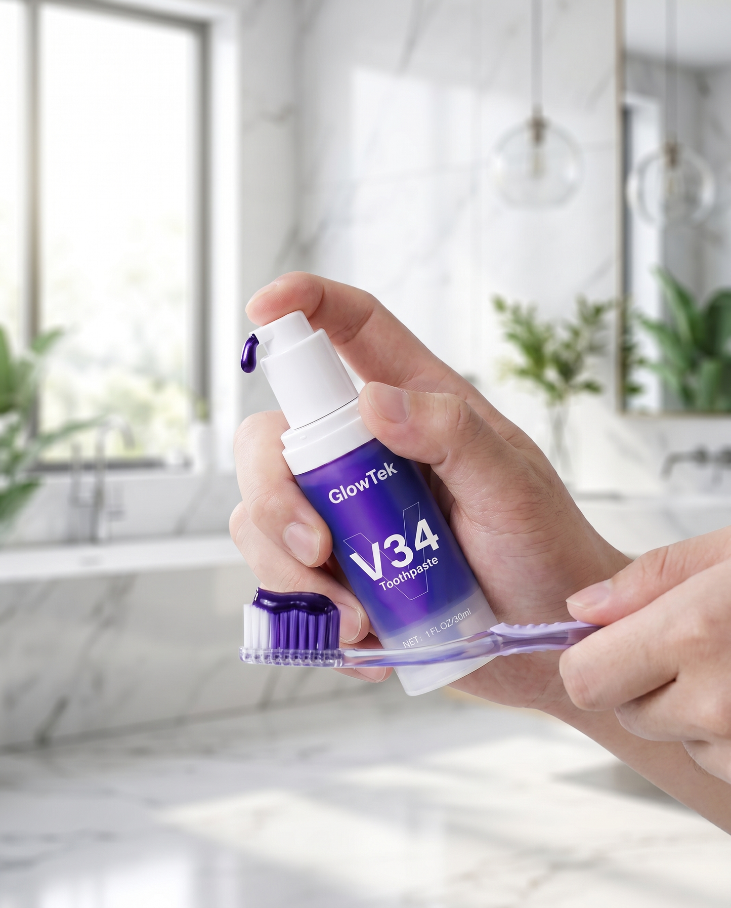 GlowTek V34 Whitening Toothpaste - hero, product in use