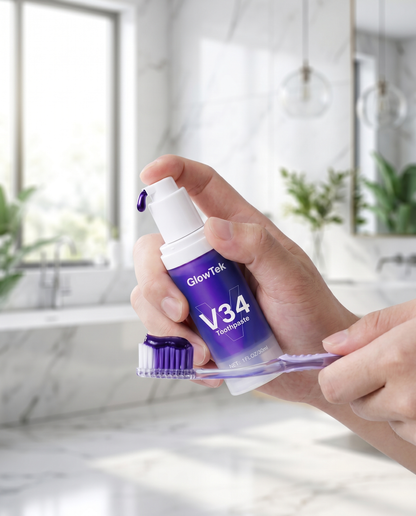 GlowTek V34 Whitening Toothpaste - hero, product in use
