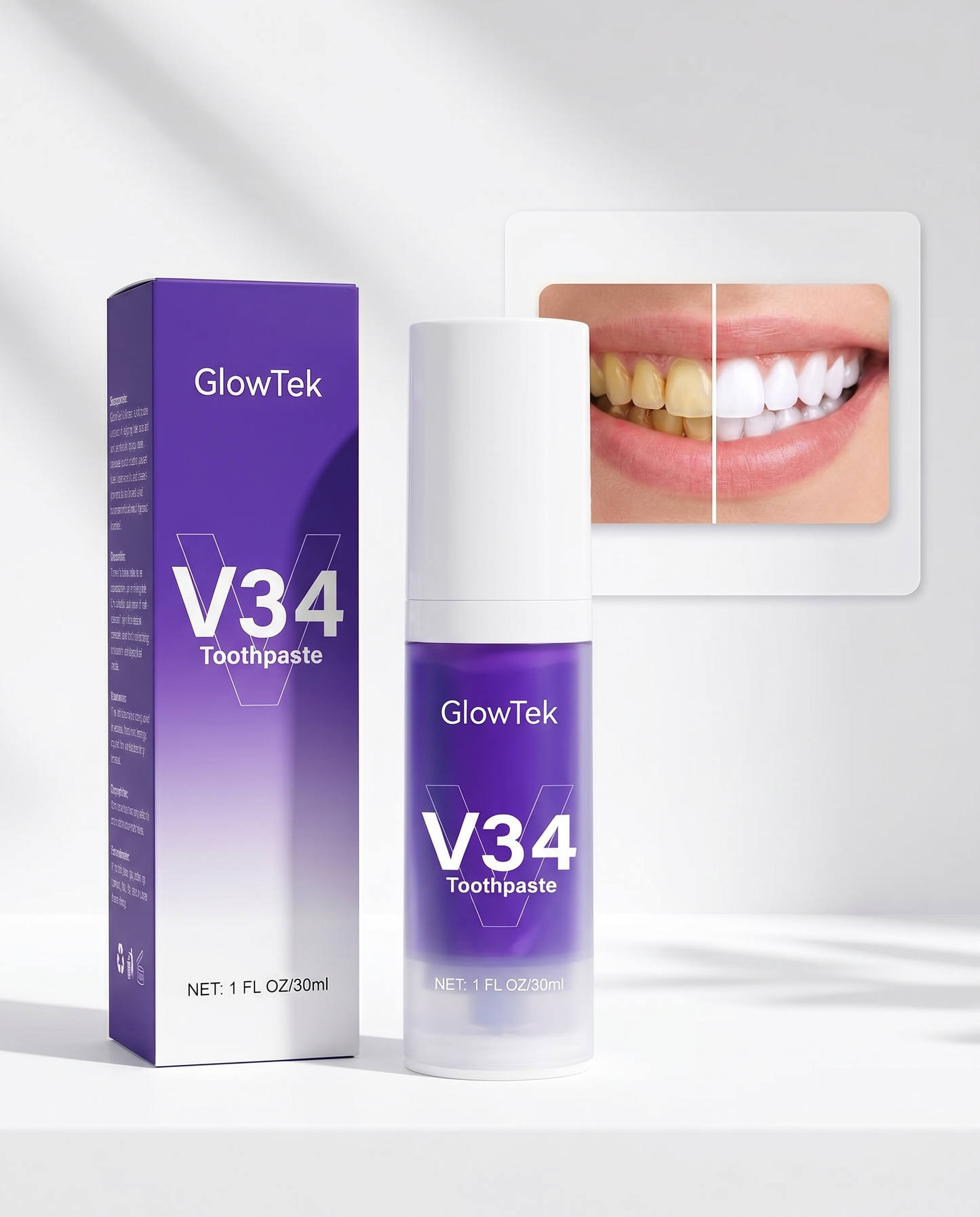 GlowTek V34 Whitening Toothpaste - packaging and before/after