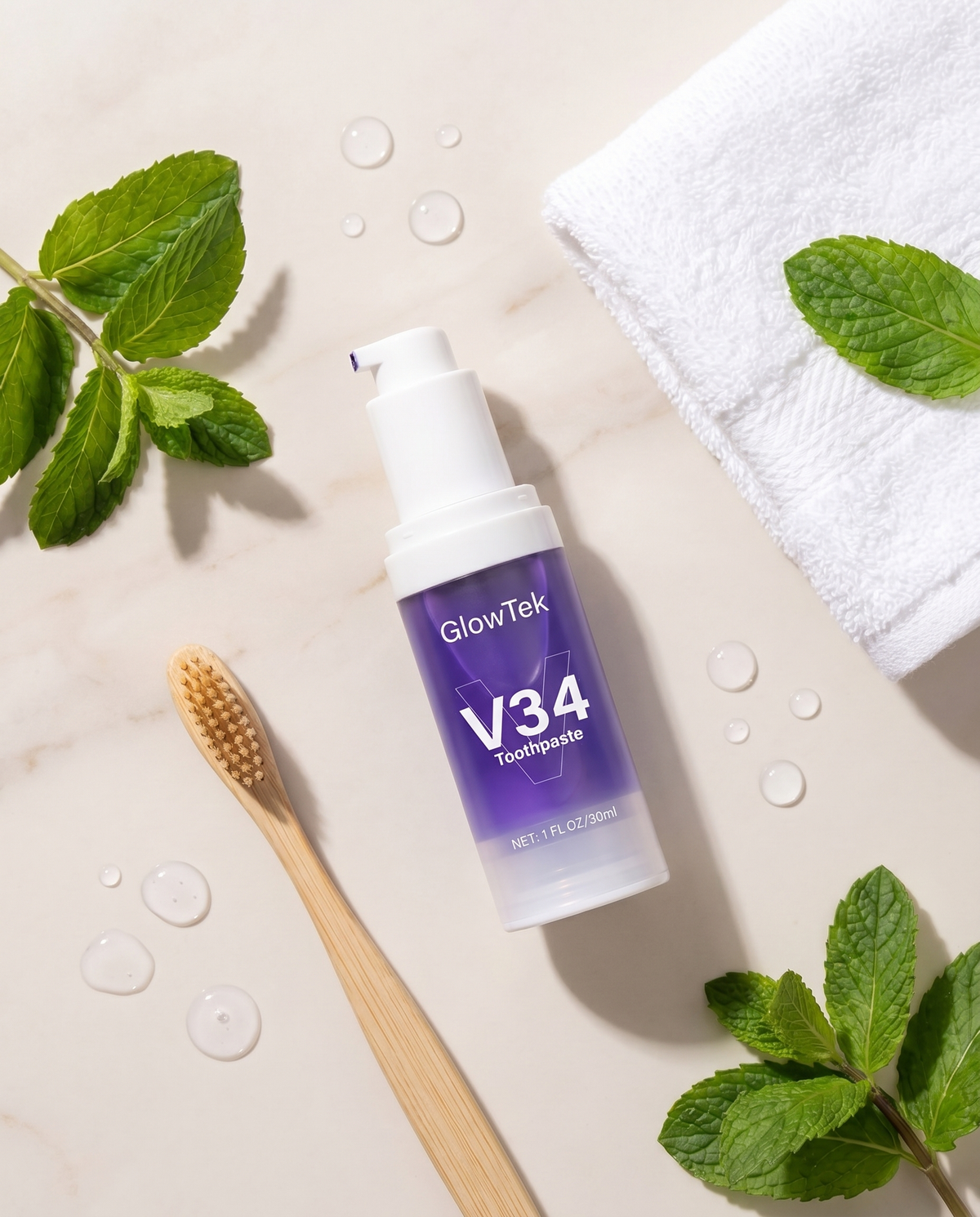 GlowTek V34 Whitening Toothpaste - lifestyle flat lay