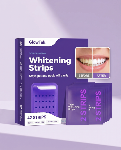 GlowTek Purple Whitening Strips - packaging and before/after